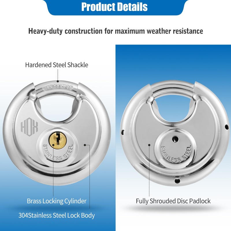 HOX Keyed Disc Padlock, Stainless Steel Keyed-Alike Padlocks, 6-Pack Heavy