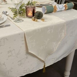 Celebright Christmas Tasselled Table Runner - 13 x 96 Inches (33 x 244 cm) - Ideal Xmas Dinner Table Decorative Settings - Deer Embossed Design - Cream