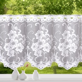 heimtexland ® Net Curtain Jacquard Flowers Bow Border Curtain White Window Decoration Bistro Curtain Type 261 H x W 50 x 180 cm