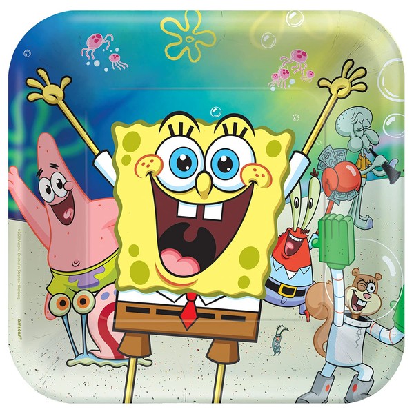 Amscan 552627 - SpongeBob SquarePants Birthday Party Square Plates - 8 Pack,Multicoloured,23 centimeters