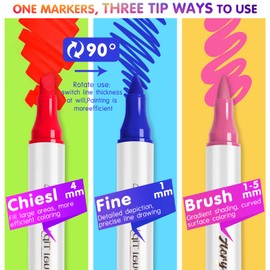 SFAIH Acrylic Paint Markers - [24 Dual Tip Brush + Chisel] Coloring Drawing Markers for Paper, Rock, Fabric, Wood, Glass, Coloring book, Decoration Any Surface, No Bleeding, Automatic Ink Control
