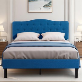 VECELO Full Size Platform Bed Frame with Fabric Upholstered Headboard and Wooden Slats Support, No Box Spring Needed/Easy Assembly,Blue