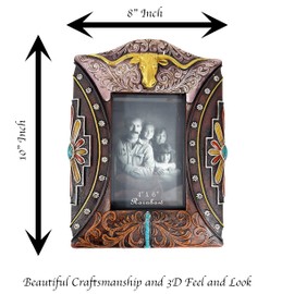Urbalabs Cowboy Golden Longhorn Cow Teal Western Decor Picture Frame 4 x 6 Country Gifts Farmhouse Picture Frames Photo Frame Wall Hanging or Standing 4x6 Elaborate (4x6)