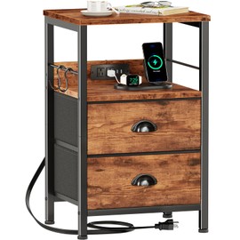 Furologee End Table with Charging Station, Nightstand with Fabric Drawers, Side Table with USB Ports & Outlets, Night Stand with Storage Shelf & Hooks, for Living Room/Bedroom, Rustic Brown