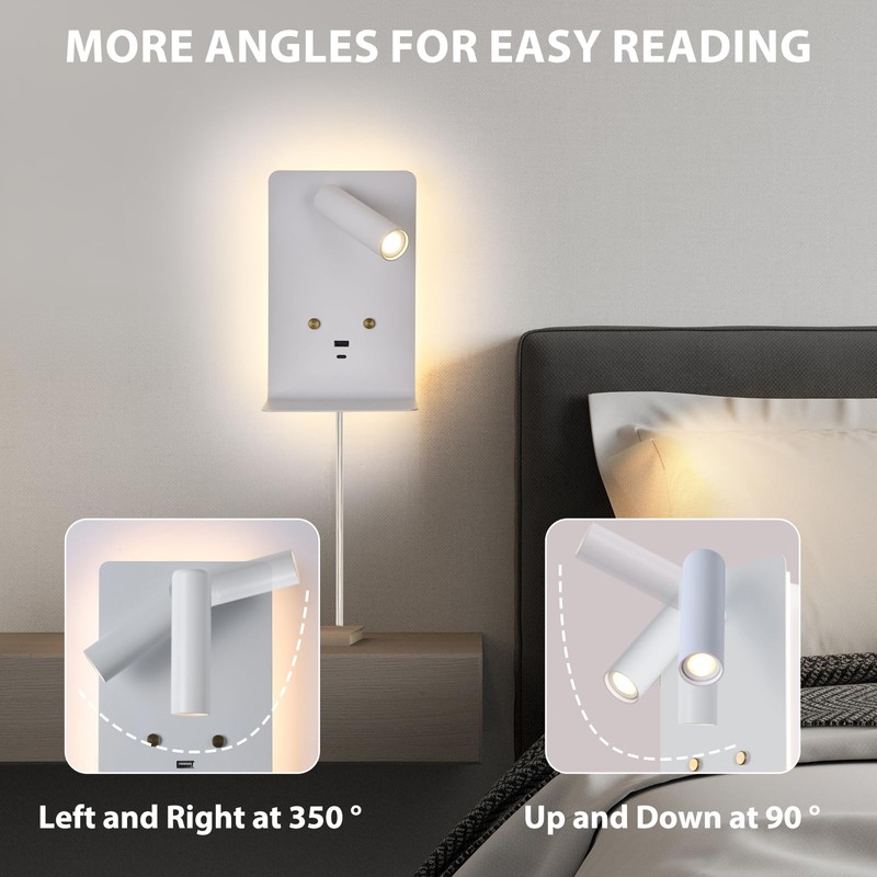 ZEROUNO LED Wall Lamp with USB-C/A Ports & Adjustable Headboard