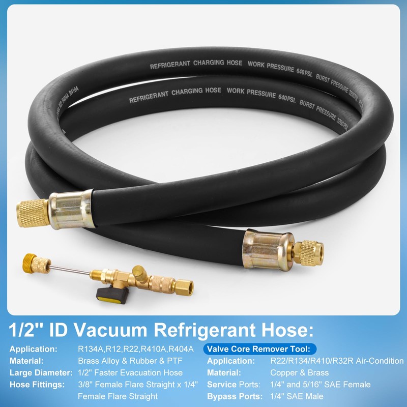 HVAC Vacuum Hose Evacuation Kit, 1/2'' ID Vacuum Refrigerant Charging