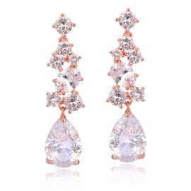 Cinmilada Women's Cubic Zirconia Bridal Earrings - 14k Rose Gold Plated Sterling Silver Teardrop CZ Crystal Statement Cluster Dangle Drop Earrings Bridal Jewelry for Bride Bridesmaids