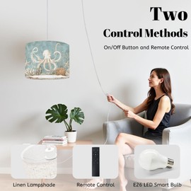 Plug in Pendant Light Beach Decor Ocean Sea Turtle Octopus Coastal Teal Vintage Whale Hanging Light with Plug in Clear Cord Dimmable Switch Linen Shade Hanging Lamp Fixture for Bedroom Kitchen