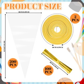 Reallnaive 200 Pcs Back to School Cone Cellophane Bags Pencil Cone Shaped Treat Bags with 2 Rolls Ribbon Triangle Plastic Clear Favor Supplies Decorations for Party Snacks Bakery Chocolate Biscuit