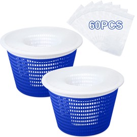 Weysat 2 Pack 8" Pool Skimmer Basket Replacement with 60 Pool Skimmer Socks and Filter Nets Remove Leaves and Debris (Blue)