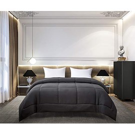 Blue Ridge Home Fashions Microfiber Two-Tone Reversible Down Alternative All Season Comforter-Hypoallergenic Polyester Fill, Full/Queen, Black/Platinum (130411)