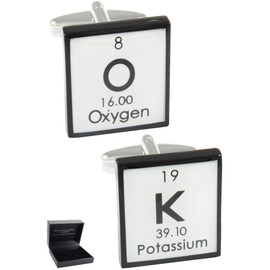 COLLAR AND CUFFS LONDON - PREMIUM Cufflinks WITH PRESENTATION GIFT BOX - "OK" - Solid Brass - Periodic Table Chemical Symbols - Square - Black and White Colours