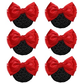 6 Pieces Stain Bowknot Hair Snood Net Women's Hair Bun Holder Covers Bow Decor Crocheted Hairnets Non-Slip Barrettes Hair Clips Hairpins with Elastic Mesh Net for Women Girls, Red