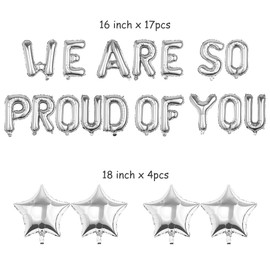 Pargleev We Are So Proud Of You Balloons with Star Hanging Foil Balloons Letter for 2024 Grad Graduation Retirement Party Decorations Silver