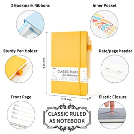 feela A5 Notebooks Multipack, 3 Pack Ruled Lined Notepads A5 (120 GSM), Hardback Journal Notebook with 3 Black Gel Pens, 128 Pages/Pack, 21 x 13cm, Solid Colours, Grey, Yellow, Light Blue