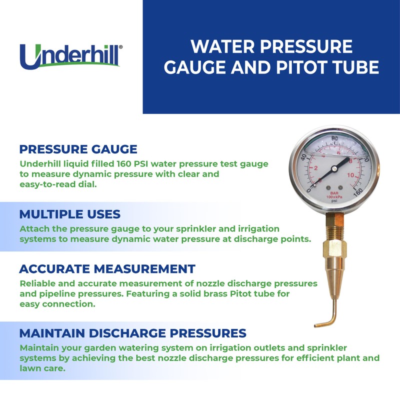 Underhill Water Pressure Gauge and Pitot Tube 160 PSI, with