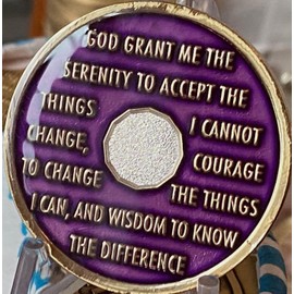 16 Year AA Medallion Metallic Purple Tri-Plate Sobriety Chip Serenity Prayer Back XVI