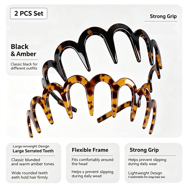 Wide Tooth Headbands 2 Pack Glossy Black & Amber Comb