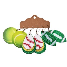 3Pairs Sporty Style Earrings, Glittering Sequin Leather Earrings, Rugby Basketball Baseball Football Cheerleaders Lightweight Multilayer Teardrop-Shaped Hook Dangling Jewelry-tennis