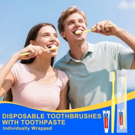 HOIQIRY Yellow Disposable Toothbrushes with Toothpaste - Pack of 100,Individually Wrapped Single Use Travel Toothbrushes Kit Bulk for Homeless,Guests,Hotel,Dentist