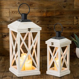 glitzhome Mondern Farmhouse Wooden Lantern Hanging Decorative Candle Lantern for Outdoor & Indoor Wash White Set of 2 (No Glass)