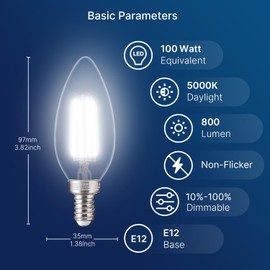 FLSNT 100W Equivalent Candelabra LED Bulbs 5000K Daylight, Dimmable LED Chandelier Light Bulbs for Dining Room, Living Room, Porch, 800LM, E12 Base, 24 Pack