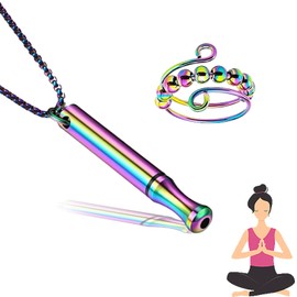 Dycjotyl Chain with Whistle Aid Necklace, Breathing Chain, Stainless Steel Necklace, Breathing Chain, Anti-Stress Ring, with 1 Bracelet, 1 Anxiety Ring, Relieve Anxiety for Men and Women, Meditation