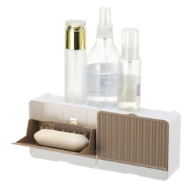 uxcell Soap Holder, 10 x 3.94 x 2 Inches Double Grid Wall Mounted No Drill Soap Dish for Shower, Bathroom & Kitchen - Self Draining Design Keeps Soap Dry (Khaki)