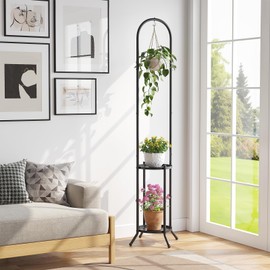 Wieghda 2-Tier Metal Plant Stand with Hanging Hook, Indoor Outdoor Plant Shelf (Black)