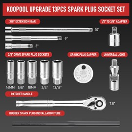 13pc 3/8" Spark Plug Socket Set with Installation Tube, 3/8" Drive Ratchet Wrench,3 Extension Bars(3",6",10")，Spark Plug Socket Sets, Gap Tool, U Joint,1/2" to 3/8" Adapter (13pcs)