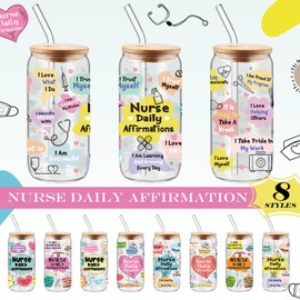 Yetene 8 Pcs Nurse appreciation Gifts 16 oz Nurse Daily Affirmations Glass Cups with Lids and Straws Decorative Mugs Drinking for Birthday Graduation Gifts Women