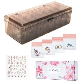 Qryval Jewelry Organizer and Storage Box with 24 EVA Anti Tarnish Bags, Travel Acrylic Case for Earrings, Necklaces & Rings, Elegant Gift for Women & Girls (Mocha Brown)
