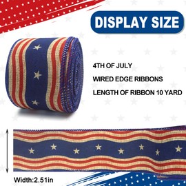ABTOLS Patriotic Wired Edge Ribbons 2.5" 10 Yards, Veterans Day White Red Blue Stripe Ribbon Patriotic Star Wrapping Ribbon American Linen Ribbon for Veterans Day Party Wrapping DIY Craft Decoration