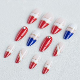 EYZOTSF Press on Almond Nails Medium Length Glossy Full Cover Acrylic French Almond Shaped False Nails with Designs Artificial Fake Nail with Charms Glue Stick ons Fingernails for Women Girls(X0307)