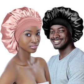 Adubor Silk Bonnet for Sleeping Women Men - Larger Double Layer Satin Bonnet for Sleeping - Hair Bonnet for Sleeping, Black+pink, Large