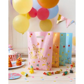 Happy Birthday Party Favor Bags 40 Pack | Medium Plastic Goodie Bags 9.8 x 6.3 Inch with Cut-Out Handles | Reusable Treat Bags for Birthday Party, Loot Bags, Candy Bags, Gift Bags in 4 Assorted Colors for Celebrations