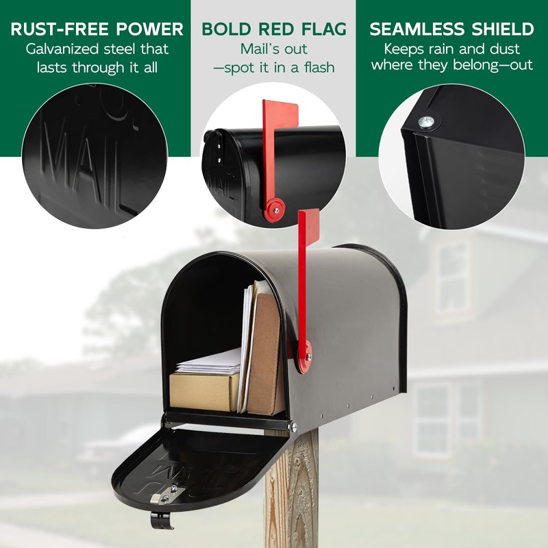 BlissBoard Mailboxes for Outside, Galvanized Steel Medium Black Metal Mailbox,