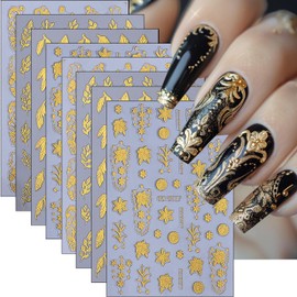 8 Sheets Gold Leaf Nail Stickers Autumn Leaves Nail Decals 3D Thanksgiving Design Fall Nail Art Stickers Gold Flower Vines Snowflake Nail Decoration Accessories for Women DIY Acrylic Nails Salon