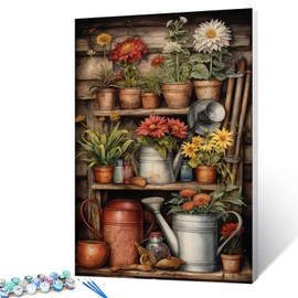 Flowers Plants with Pottings Gardening Tools Paint by Number Rustic Scences DIY Painting on Canvas with Brushes Acrylic Paints Paint by Numbers for Adults and Kids Beginner 16x20 Inch（without Frame）