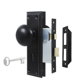 Newliplace Mortise Lock Set for Interior Door, Vintage Old Door Knobs with Lock and Skeleton Key, Antique Door Knobs Matte Black Finish