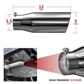Richeer 3.5" Inlet Exhaust Tip, 3 1/2" Inlet 5" Outlet 12" Overall Length Stainless Steel Exhaust Tailpipe Tips with Polished Finish Universal for Vehicles with 3.5" O.D. Tailpipe Clamp/Bolt on Design