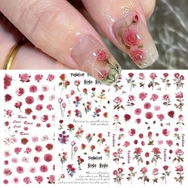 WOKOTO 9 Sheets Flower Nail Art Stickers for Hel Nails 3D Self-Adhesive Pink Red Rose Nail Decals Floral Designs Nail Stickers for Acrylic Nails Art Red Rose Nail Art Design Stickers for Women