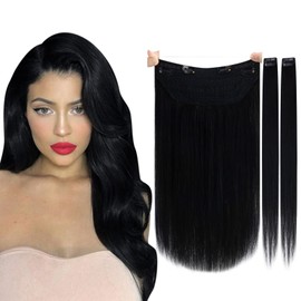 Ugeat Wire Hair Extensions Human Hair Fish Line Hair Extensions Black Human Hair Jet Black Hair Extensions Wire Human Hair with 2 Pieces Clip in Hair Extensions 100 Grams