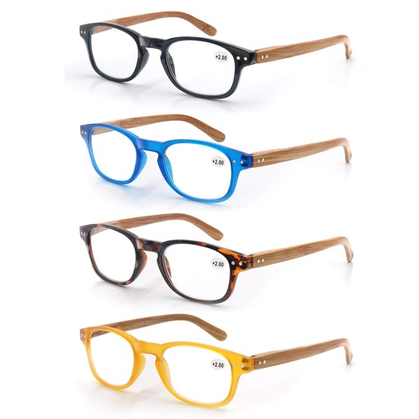 MODFANS 4 Pack Reading Glasses Fashion Wood-Look Spring Hinges Stylish Readers Men Women