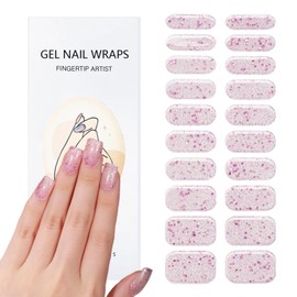SPLOCUDU 20pcs Pink Semi Cured Gel Nail Strips,Pink Glitter Gel Nail Stickers for UV Nail Lamps,Salon-Quality, Long Lasting, Easy to Apply & Remove,Includes 2 Prep Pads, Nail File&Wood Stick