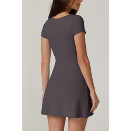 QINSEN Square Neck Athletic Dress for Women Side Slit High Waist Built in Shorts Pocket Flare Exercise Dresses Deep Grey M