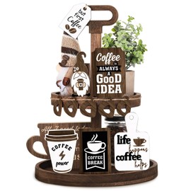 Yalikop 12 Pieces Coffee Tiered Tray Decor Set Farmhouse Mini Wooden Gnomes Signs Decor Vintage Hello Coffee Signs Decorations for Bar Tray Shelf