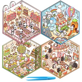 4Pcs 3D Fun Mini House Stickers with Tweezers Make Your Own Mini Rabbit Penguin Panda Cat Hut Scenes Stickers Cute Mini Room Craft Scrapbook Stickers for Relief Stress Pass The Time