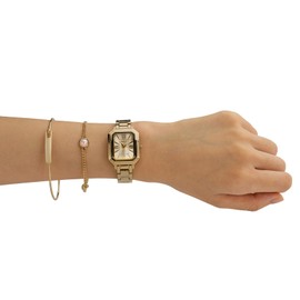 TIME100 Women's Rectangular Watch Set with Bracelet, Chain, and 4 Pairs of Earrings, Pink Zippered Gift Box W50893L