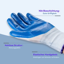 ANDANDA Work Gloves, Men's Work Gloves with Nitrile Coating, Gardening Gloves for Assembly Work, Mechanics, Gardening and Construction Work, Size M, 6 Pairs